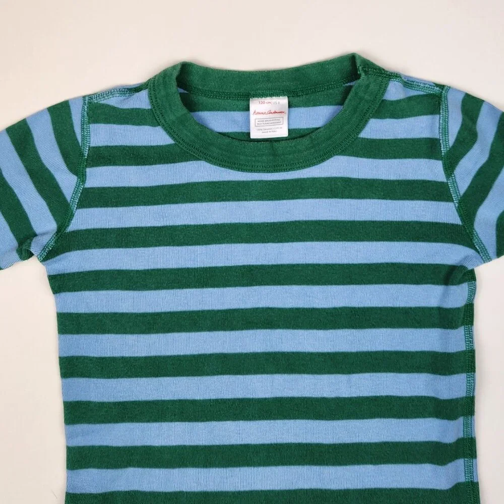 Hanna Andersson Green Blue Stripes Short Sleeve Pajama Shirt 130 cm US 8